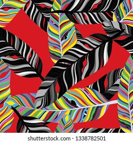 Vector Seamless pattern of Feather in black, white, grey and mutilti colour in popart stlye on red background, Hand drawn of Bird or duck feather pattern for fabric, textile and wall paper