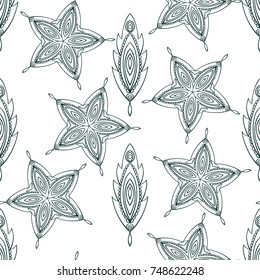 Vector seamless pattern with feather and star in green color, white background.
