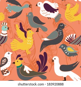 Vector seamless pattern with feathers and birds.