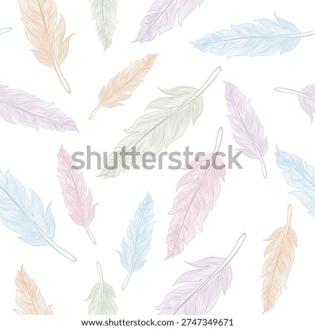 Vector seamless pattern of feathers in boho style. Colotful feather pattern.