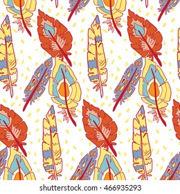 vector seamless pattern feathers colored doodle