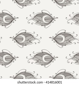 Vector seamless pattern of feathers. Doodle. Zentangle