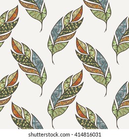 Vector seamless pattern of feathers. Doodle. Zentangle
