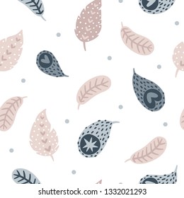 Vector seamless pattern with feathers and dots on white background Spring digital paper Pastel colors