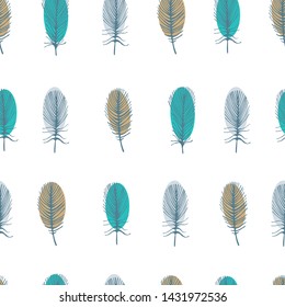 Vector seamless pattern with feathers on a white background.