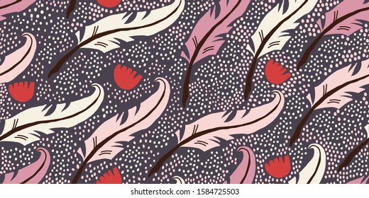 Vector seamless pattern and feathers  red flowers  polka dots in Scandinavian style dark background  Cute print