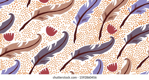Vector seamless pattern and feathers  red flowers  polka dots in Scandinavian style white background  Cute modern stylish print for textile  fabrics  dress for girls