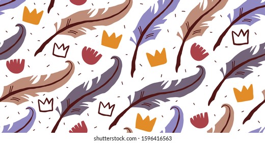 Vector seamless pattern and feathers  red flowers  crowns in Scandinavian style white background  Cute modern stylish print for textile  fabrics  dress for kids  Children pattern and crowns