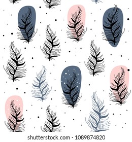 Vector seamless pattern with feathers in Scandinavian style. Cute print
