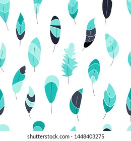 Vector seamless pattern with feathers. Stylish print,texture,background. Soft nature colors. Turquoise hand drawn elements