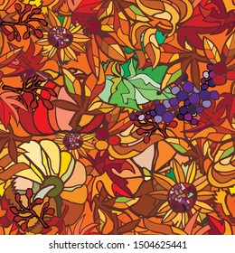 Vector seamless pattern featuring abstract fantasy fall foliage, pumpkins in red, orange  and brown colors. Colorful thanksgiving or harvest pattern. Hand drawn. 