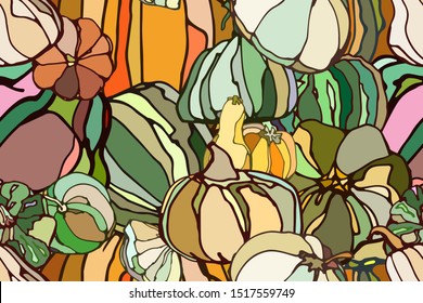 Vector seamless pattern featuring abstract fantasy fall foliage, pumpkins in green, orange  and brown colors. Colorful thanksgiving or gardening and harvest pattern. Hand drawn. 