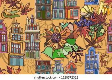 Vector seamless pattern featuring abstract fantasy Dutch houses and fall foliage, in red, orange  and brown colors. Colorful travel, thanksgiving or harvest pattern. Hand drawn. 
