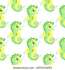 Vector seamless pattern featuring adorable green and yellow seahorses with bubbles on a white background. 