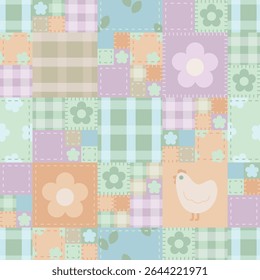 Vetor padrão sem emenda com frangos adoráveis e pastel colorido patchwork ou quilting, ideal para criar desenhos encantadores e lúdicos para produtos de bebê, como cobertores, roupas, colchas e n