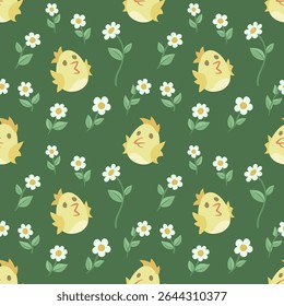 Vector seamless pattern featuring adorable chicks with daisy flowers on a green background
