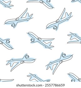 Vector seamless pattern featuring airplanes in minimalist line art style with a soft blue accent. Perfect for themes of international air travel, aviation, passenger transport, and flight services.