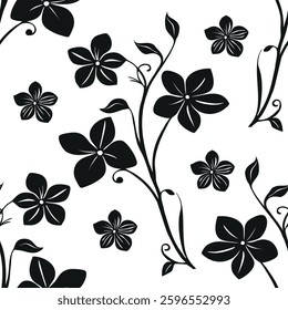A vector seamless pattern featuring black floral designs on a white background. The pattern includes various flowers and leaves, creating a stylish and elegant look.