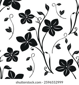 A vector seamless pattern featuring black floral silhouettes on a white background. The design includes various flowers and swirling vines, creating an elegant and modern look.