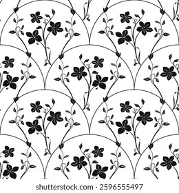 A vector seamless pattern featuring black floral designs on a white background. The pattern includes stylized flowers and vines arranged in a reflected arch shape