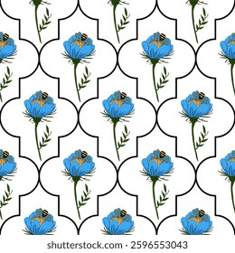 A vector seamless pattern featuring blue flowers with green leaves and bees, set against a white background in eastern pattern shapes.