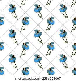 A vector seamless pattern featuring blue flowers with green leaves and bees. The design is arranged in a diamond layout, creating a vibrant and cheerful aesthetic.