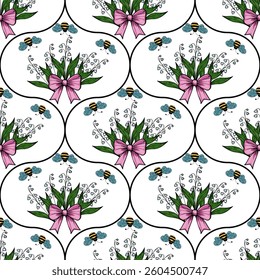 A vector seamless pattern featuring bouquets of flowers tied with pink ribbons, surrounded by blue butterflies and bees, set against a white background.
