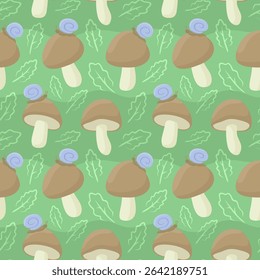 Vector seamless pattern featuring cartoon mushrooms, snails and leaves on a green background