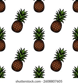 A vector seamless pattern featuring cartoon-style pineapples with green leaves on a white background.