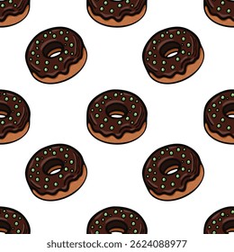 A vector seamless pattern featuring cartoon-style donuts with chocolate icing and green sprinkles on a white background.