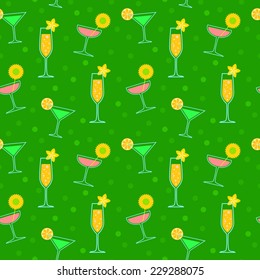Vector seamless pattern featuring champagne glass, martini glass and coupe glass. Flat design illustration. Cocktail glasses.