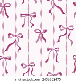 Vector seamless pattern featuring charming fuchsia bows with a loose style on a pink vertical stripes background. Girly pattern perfect for bedroom decoration, prints with coquette style Stockvektor