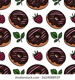 A vector seamless pattern featuring chocolate donuts with pink icing, surrounded by raspberries and green mint leaves on a white background.