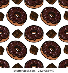 A vector seamless pattern featuring chocolate donuts with pink sprinkles and pieces of chocolate. The design is playful and colorful, suitable for food-related themes.