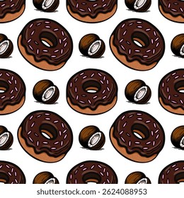 A vector seamless pattern featuring chocolate donuts with pink sprinkles and halved coconuts. The design is playful and colorful, suitable for food-related themes.