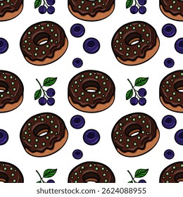 A vector seamless pattern featuring chocolate donuts with green sprinkles and blueberries. The design is playful and colorful, ideal for food-related themes.