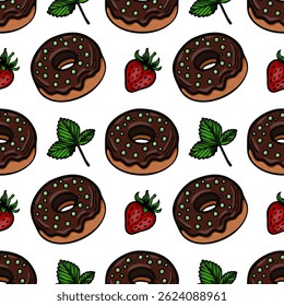 A vector seamless pattern featuring chocolate donuts with green sprinkles, fresh strawberries, and mint leaves on a white background.