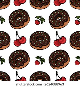 A vector seamless pattern featuring chocolate donuts with green sprinkles and red cherries with green leaves on a white background.