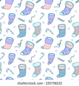 Vector seamless pattern featuring Christmas stockings and candy on the white checkered background. Vector seamless pattern.