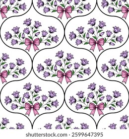 A vector seamless pattern featuring clusters of purple bellbellflowers tied with pink bows, arranged in an oval shape against a white background.