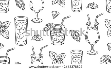 Vector seamless pattern featuring cocktail glasses, lemon slices, and mint leaves. Line art style texture. Ideal for textile prints, wrapping paper, menu backgrounds, or summer designs.