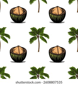 A vector seamless pattern featuring coconut halves and palm trees on a white background.
