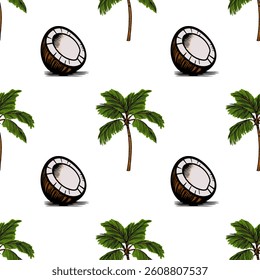 A vector seamless pattern featuring coconut halves and palm trees on a white background. The coconuts are illustrated with a brown shell and white interior.
