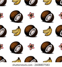 A vector seamless pattern featuring coconuts, bananas, and pink flowers plumeria on a white background. The coconuts are halved, showing the white flesh inside.