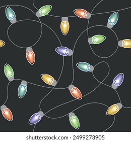 Vector seamless pattern featuring colorful string lights on a dark background, ideal for festive holiday decorations, party invitations, seasonal designs, lively and joyful atmosphere, multicolored