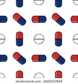 A vector seamless pattern featuring colorful capsules and pills in red, blue, and white colors. The design is playful and suitable for medical or pharmaceutical themes.