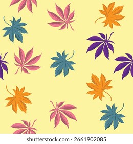 Um padrão vetor sem emenda com folhas coloridas de outono em laranja, azul, rosa e roxo, espalhadas por um fundo amarelo pastel macio. As folhas têm um estiramento à mão, 