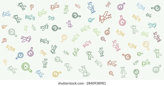 A vector seamless pattern featuring colorful outlined airplanes and magnifying glasses on a light background ideal for children products and fabric