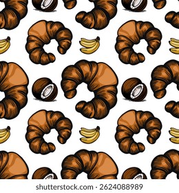 A vector seamless pattern featuring croissants, bananas, and coconuts on a white background. The croissants are detailed and golden brown, while the bananas and coconuts add a tropical touch.