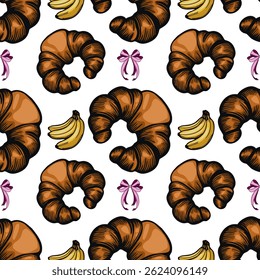 A vector seamless pattern featuring croissants, bananas, and decorative bows on a white background. The croissants are illustrated in a rich brown color, while the bananas.